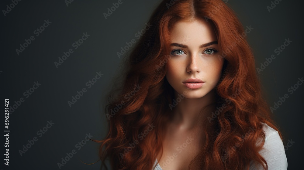 Fototapeta premium a Gorgeous red hair and freckles woman with open eyes touching her perfect skin. Beautiful portrait