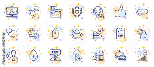 Outline set of Selfie stick, Interview and Bitcoin graph line icons for web app. Include International delivery, Brand, Bid offer pictogram icons. Card, Dots message, Consumption growth signs. Vector