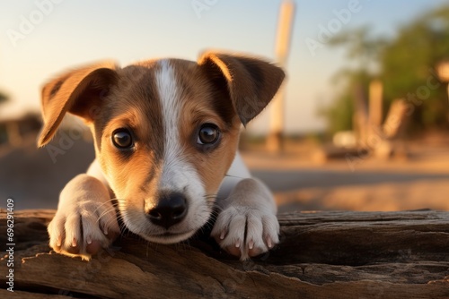 Close-Curious puppy close-up adorable gaze clear blue sky copy space Generative AI © Tony