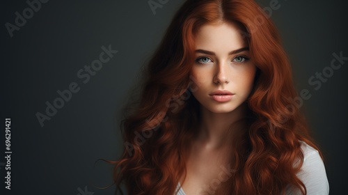 a Gorgeous red hair and freckles woman with open eyes touching her perfect skin. Beautiful portrait