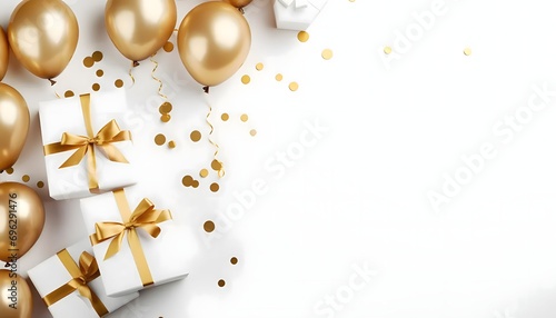 Golden balloons, white gifts arcade jump, confetti, aerial view.New Year's Eve white background, banner with space for your own content.