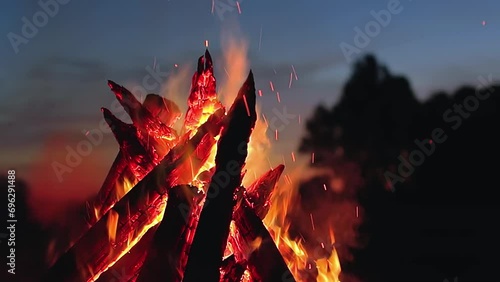 Big Burning Campfire in Early Morning or Evening against the Blue Sky. Wood on Fire. Flying Sparks. Travel and Tourism Concept. Giant Flaming Bonfire at Summer - Static Shot, Slow Motion