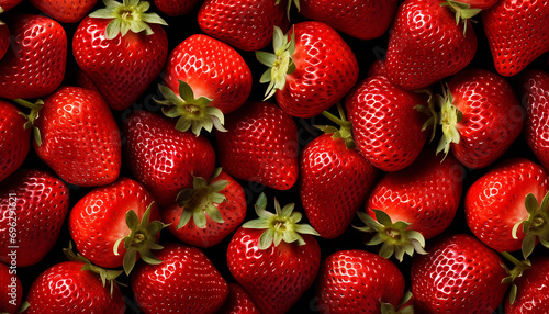 Lots of fresh strawberries swirl around a pile of fresh strawberries seamless background