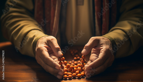 Hands holding a muslim rosary in mosque