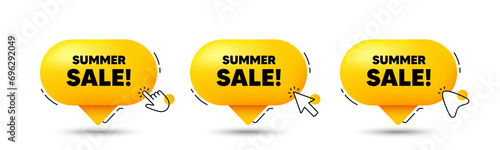 Summer Sale tag. Click here buttons. Special offer price sign. Advertising Discounts symbol. Summer sale speech bubble chat message. Talk box infographics. Vector