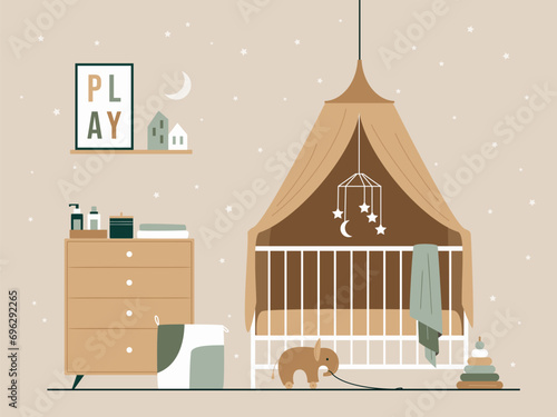 Baby room with chest of drawer, unisex white cot with canopy, big toy elephant. Nursery in Japandi or Scandinavian Style. Interior Background