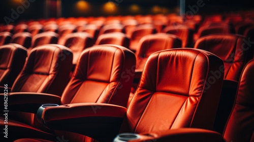 Bright empty red seats in cinema rows photo