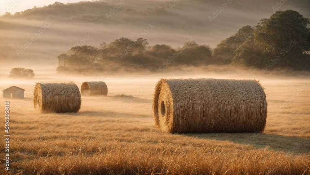 Misty morning sunrise with hay bails in a field.