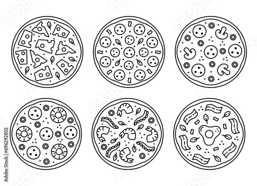 Set tasty pizza  line icon. Pizzeria delivery service. Editorial stroke. Carbonara, cheese, salami, pepperoni, mushroom, hawaii, shrimp.