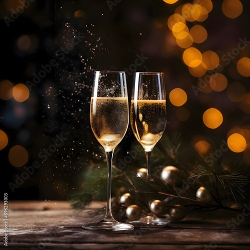 Glasses, champagne gold, streamers, baubles, confetti and bokeh effect in the background.New Year's Eve background, banner with space for your own content.