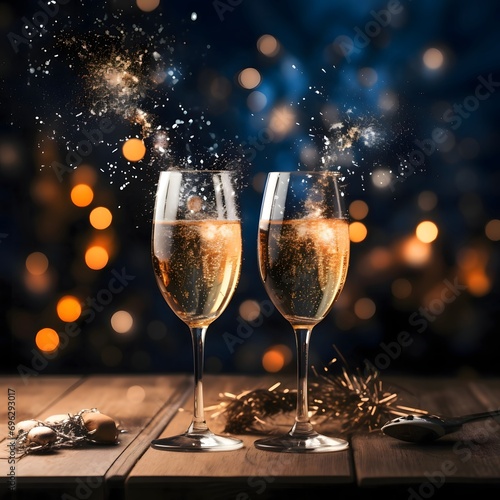 Glasses, champagne gold, streamers, baubles, confetti and bokeh effect in the background.New Year's Eve background, banner with space for your own content.