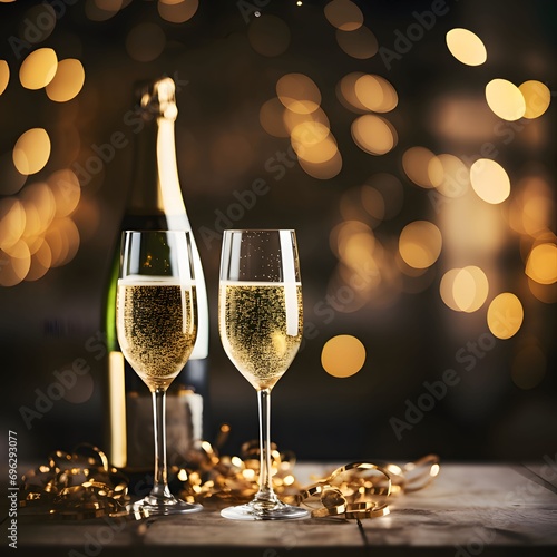 Glasses and champagne bottle golden confetti on the background of golden warm bokeh effect. New Year's fun and festivities.