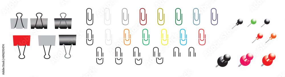 Pins and paper clips set. Colored binder clips, push pins, flags and tacks. Realistic stationery. Office supplies. Vector illustration. Pins and paper clips set. Colored binder clips, push pins, flags and tacks. Realistic stationery. Office supplies. Vector illustration.