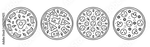 Set tasty pizza  line icon. Pizzeria delivery service. Editorial stroke. Carbonara, cheese, salami, pepperoni, mushroom.