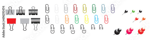 Pins and paper clips set. Colored binder clips, push pins, flags and tacks. Realistic stationery. Office supplies. Vector illustration. photo