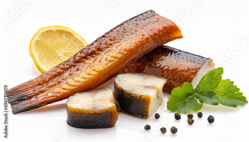 Smoked eel pieces isolated on white background