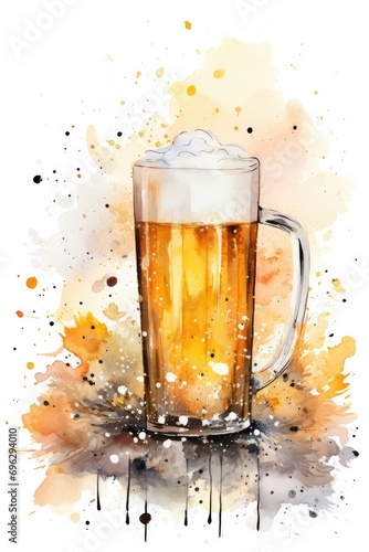 A glass of light beer with foam in watercolor style. Bar, a brewery.