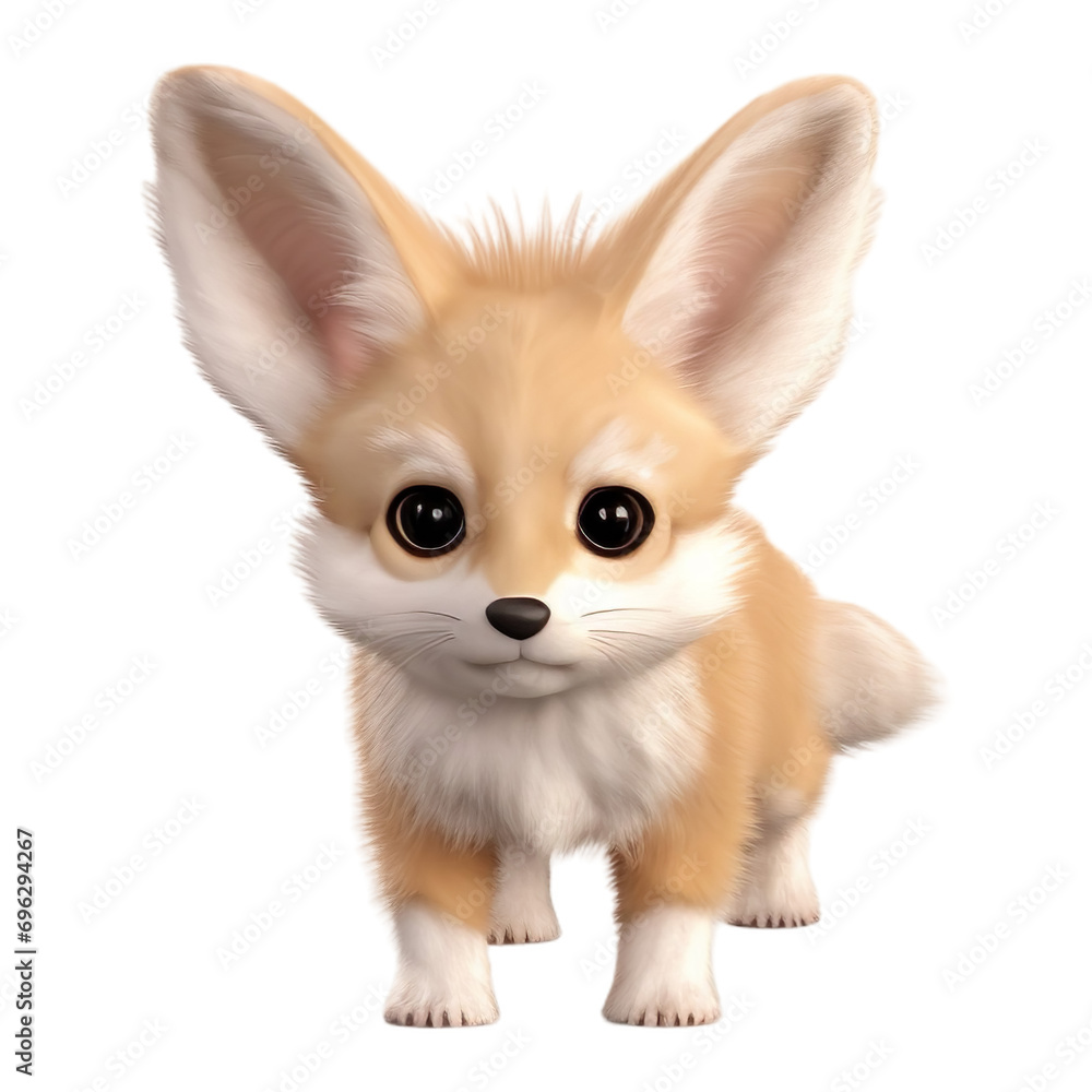 3d baby fox cartoon standing, isolated on transparent or white background