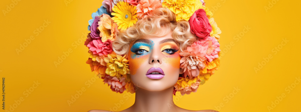 Vibrant portrait of a woman adorned with a floral headpiece and colorful makeup on a yellow background
