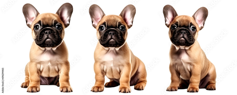 Set of French bulldog fawn color multi pose, puppy sitting, isolated on transparent or white background