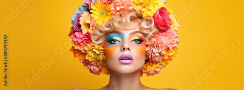 Vibrant portrait of a woman adorned with a floral headpiece and colorful makeup on a yellow background