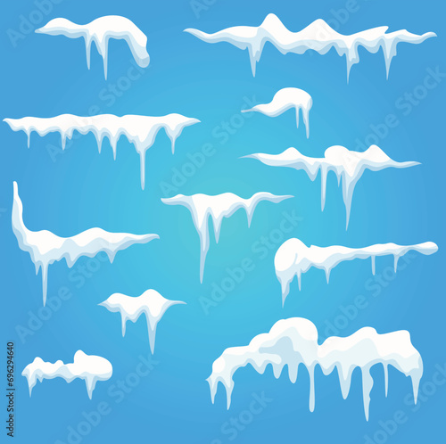 Vector collection of snow caps, piles, anicicles, isolated in blue background, transparent, ice, snowball and snowdrift. 3d Winter decorations, Christmas, snow texture, white elements, holiday design.