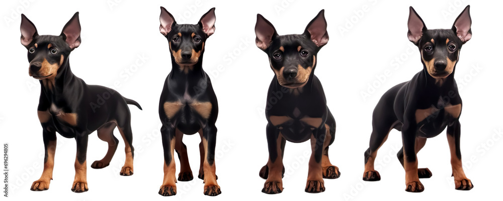 Set of baby cute doberman picscher dog multi pose, isolated on transparent or white background