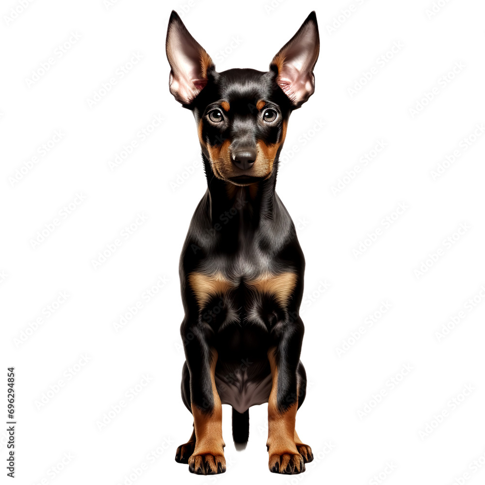 Realistic Baby doberman picscher dog standing isolated on transparent or white background