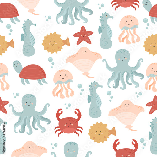 Fototapeta Naklejka Na Ścianę i Meble -  Seamless pattern with cute undersea inhabitants in masks. Creative childish background. Perfect for kids apparel, fabric, textile, nursery decoration,wrapping paper.Vector Illustration
