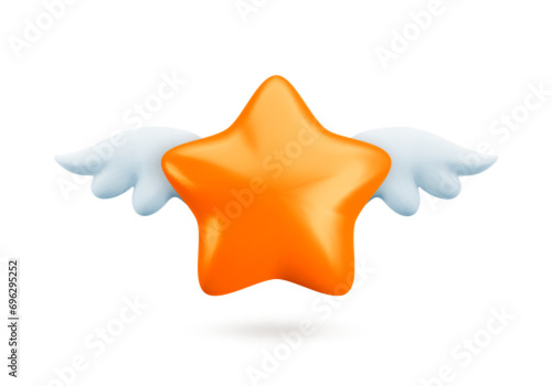 Vector 3d bronze star with wings icon. Cute realistic cartoon flying star 3d render on white background  glossy orange star Illustration for customer rating concept  decoration  web  game design  app