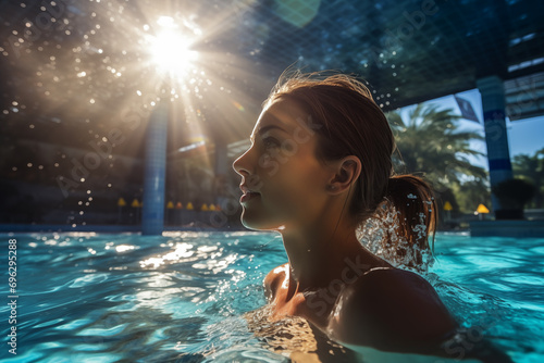 Retrato de un mujer joven nadando en una piscina cubierta. Vista de perfil, mirando hacia un lado. Copy space.