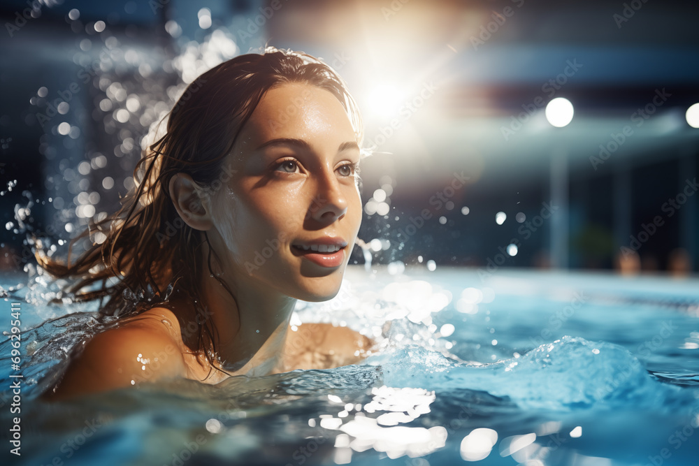 Fototapeta premium Retrato de un mujer joven nadando en una piscina cubierta. Vista de perfil, mirando hacia un lado. Copy space.