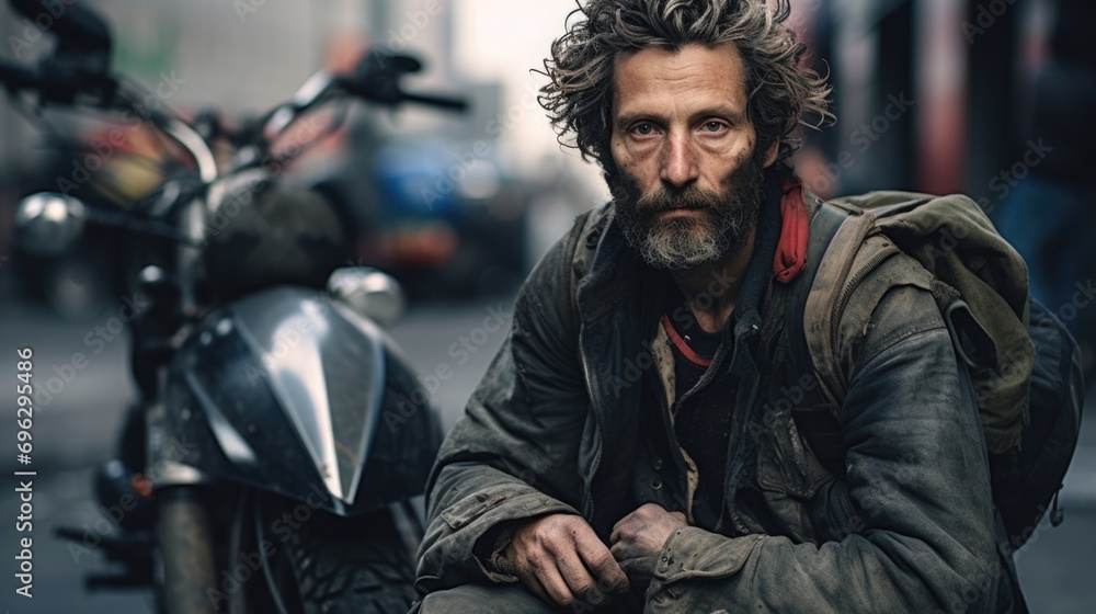 Homeless beggar sitting on ground on street