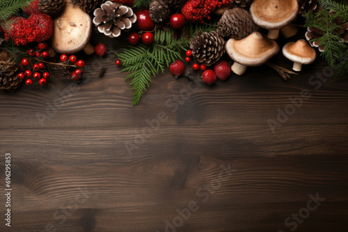 Rustic seasonal border with mushrooms, pine cones, red berries, and green leaves on a dark wooden background.