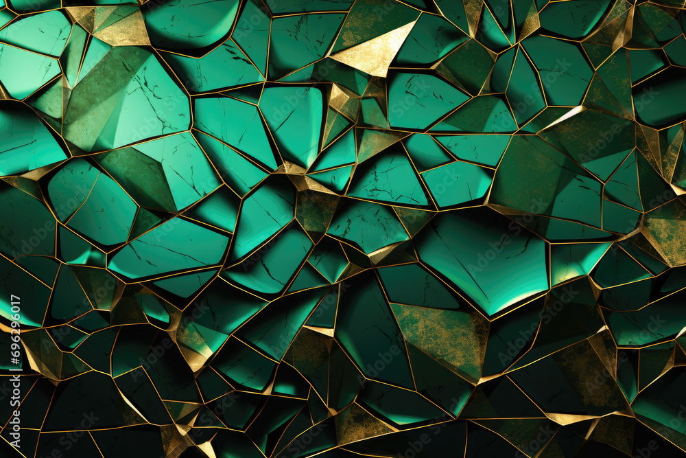 Abstract composition of shattered turquoise and gold geometric shapes with a textured, metallic finish. - obrazy, fototapety, plakaty 