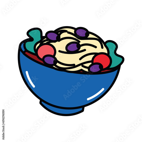 Pasta of food colorful set. This captivating illustration showcases a vibrant and wholesome pasta dish, beautifully adorned with a colorful medley of fresh vegetables. Vector illustration.