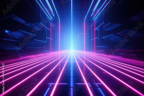 3D abstract background with neon lights. neon tunnel. 3d render  3D render of pink and blue neon lines  geometric shapes  and virtual space illuminated by ultraviolet light  AI Generated