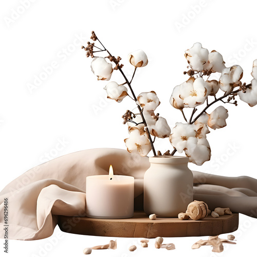 Stylish table with cotton flowers and aroma candles isolated on transparent background Generative AI