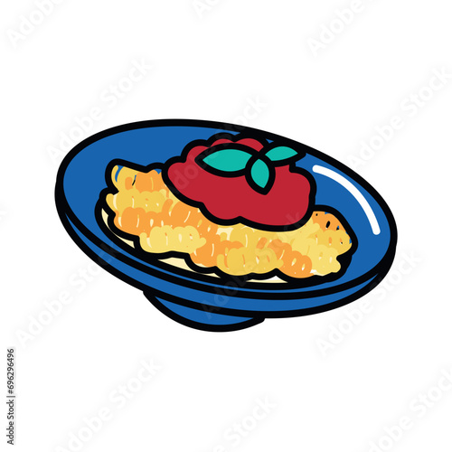 Pasta of food colorful set. This tasteful image artfully presents a plate brimming with pasta and tomatoes. Vector illustration.