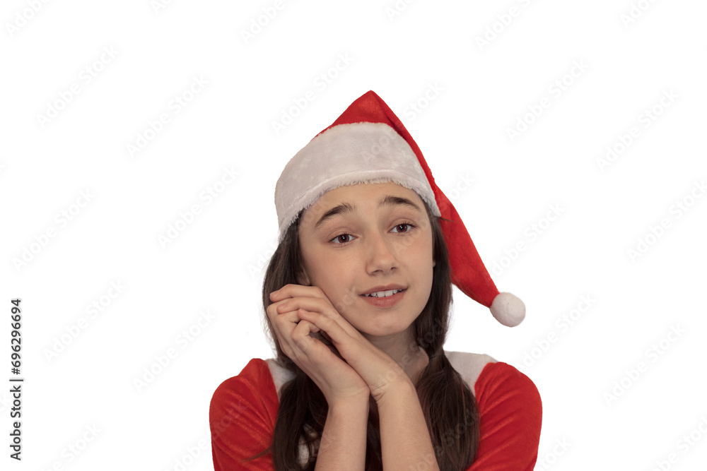 happy girl wearing Mrs. Claus costume isolated on white background with space for text, soft focus. smiling girl in a red Santa hat happy girl wearing Mrs. Claus costume isolated on white background with space for text, soft focus. smiling girl in a red Santa hat