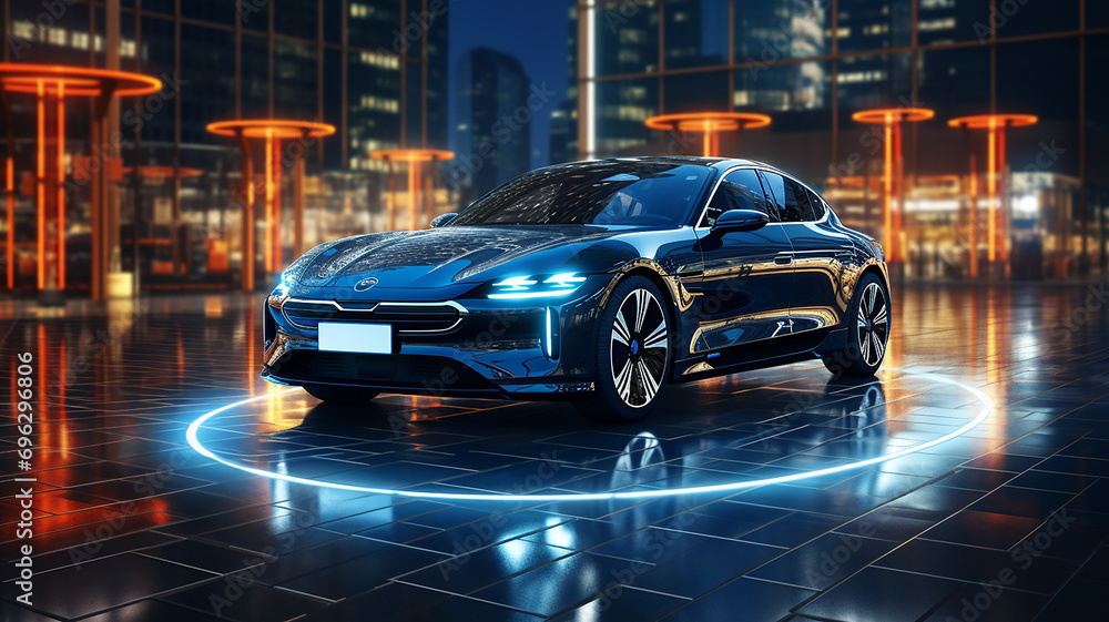 Luminous night city and futuristic concept cars, luxurious blue sports cars and urban lighting, innovatively designed cars and urban night views, electric cars, Generative AI