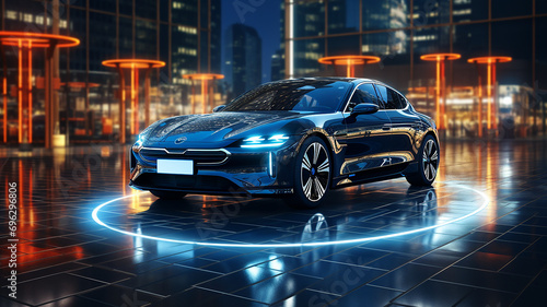 Luminous night city and futuristic concept cars, luxurious blue sports cars and urban lighting, innovatively designed cars and urban night views, electric cars, Generative AI © landstar