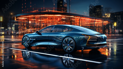 Luminous night city and futuristic concept cars, luxurious blue sports cars and urban lighting, innovatively designed cars and urban night views, electric cars, Generative AI © landstar