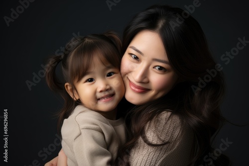 Portrait of a beautiful asian mother and daughter on black background, A cheerful Asian toddler daughter hugging her happy mother isolated on gray, AI Generated