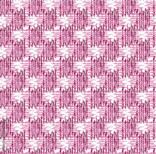 Pink red background with squares wavy lines abstract seamless repeat pattern AOP. Wallpaper backdrop