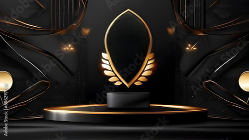 Black Golden Stage Royal Awards Graphics Background. Glowing Lines Elegant Shine Modern Spotlight. Luxury Premium Corporate Template. Abstract trophy Certificate Banner.