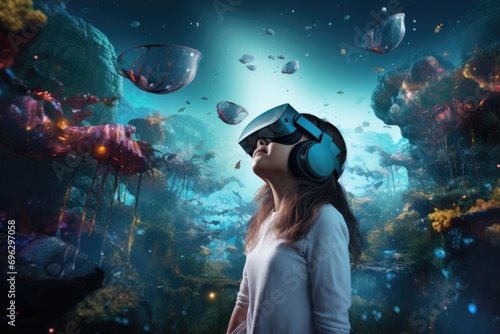 Woman wearing virtual reality goggles in underwater world. 3D rendering, A girl in a virtual reality helmet in a virtual fantasy world, AI Generated