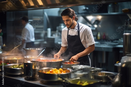 Handsome chef preparing food in commercial kitchen of hotel or restaurant, A gourmet chef cooking in a commercial kitchen, AI Generated photo