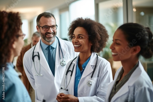 Smiling medical doctors with stethoscopes standing in a row, A group of happy doctors meeting at the hospital office, AI Generated photo