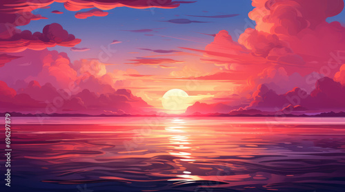 Beautiful orange and pink magenta sunset in the sea. Summer beautiful panoramic landscape background, watercolor or anime cartoon style. photo